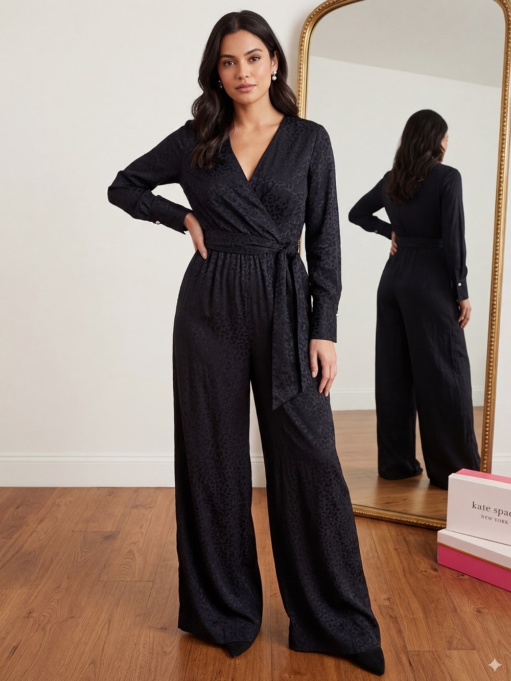 Kate Spade New York Black Leopard Jacquard Wrap Jumpsuit Size 10